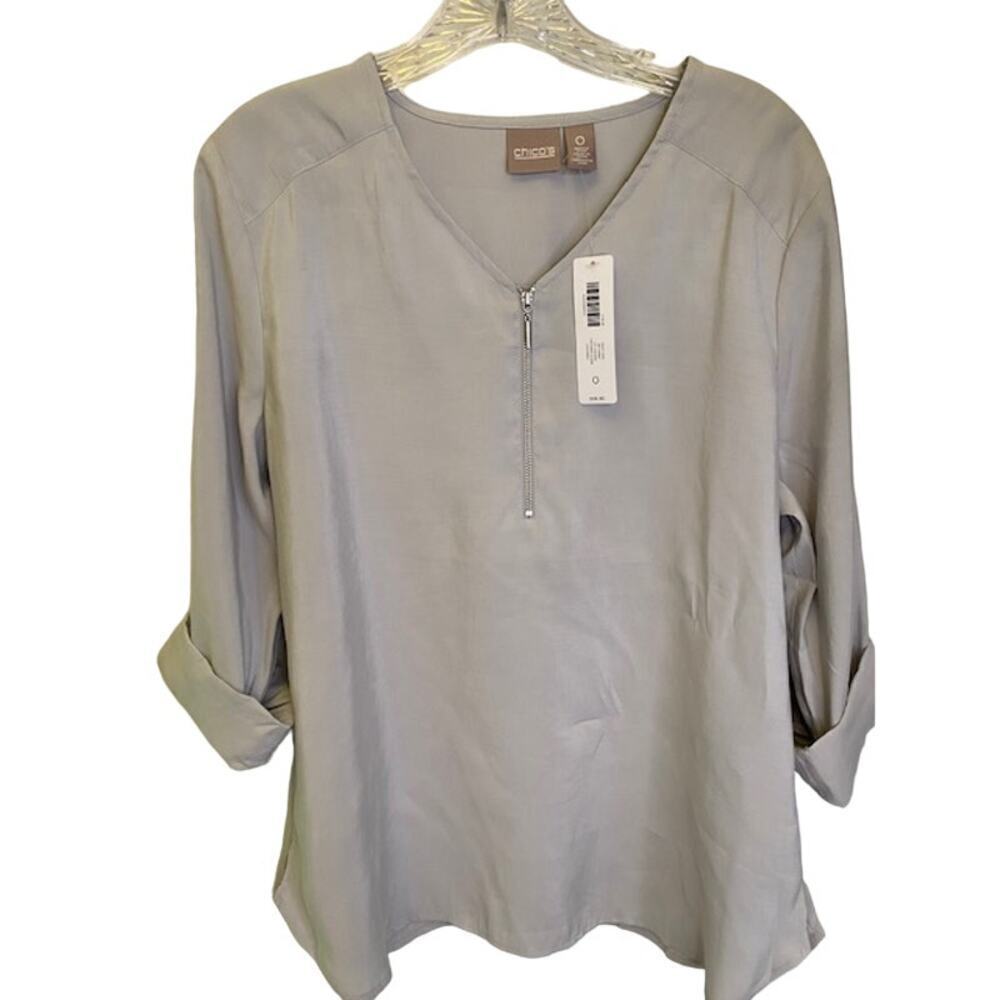 Chico's Silky Chic Zip‎ Front LS Roll Tab Sleeves Gray  NWTs